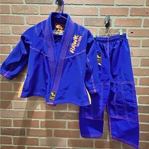 Hawk Little Warriors Jiu-Jitsu BJJ GI size KO blue w/orange emblem,stitching